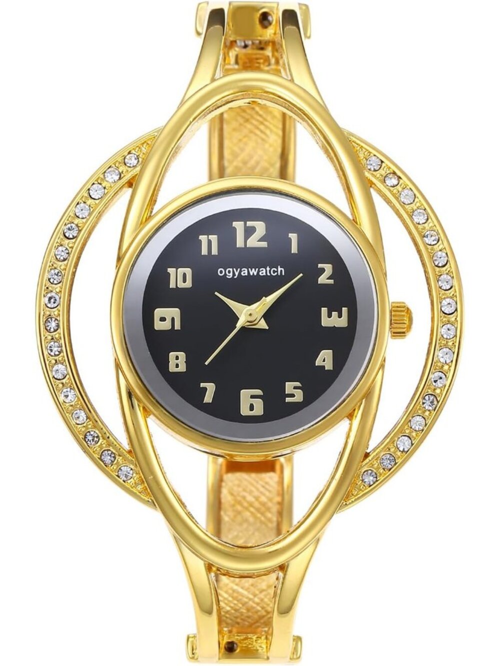 Women's Gold Black Stainless Steel Chunky Cuff Zircon Hollow Bezel Case Watches